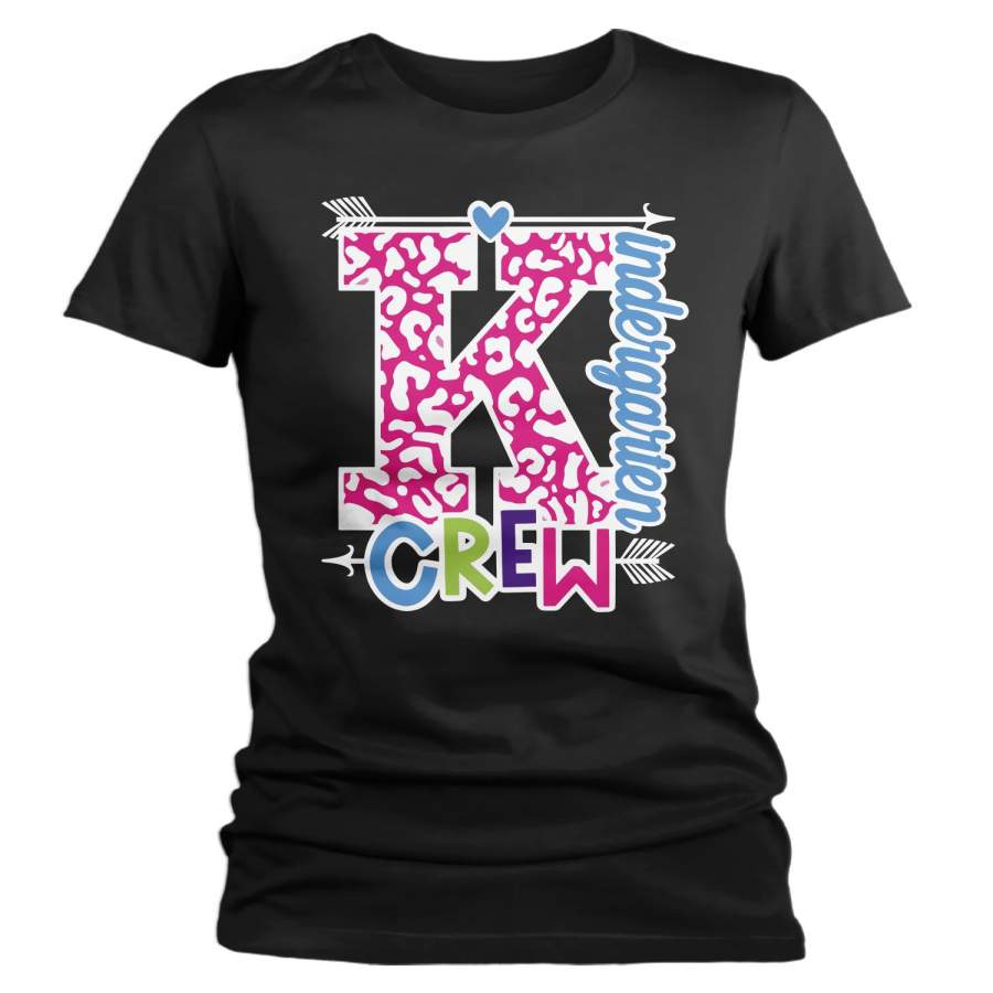 Women’s Kindergarten Teacher T Shirt Kindergarten Crew T Shirt Cute Leopard Print Shirt K Teacher Gift Shirts