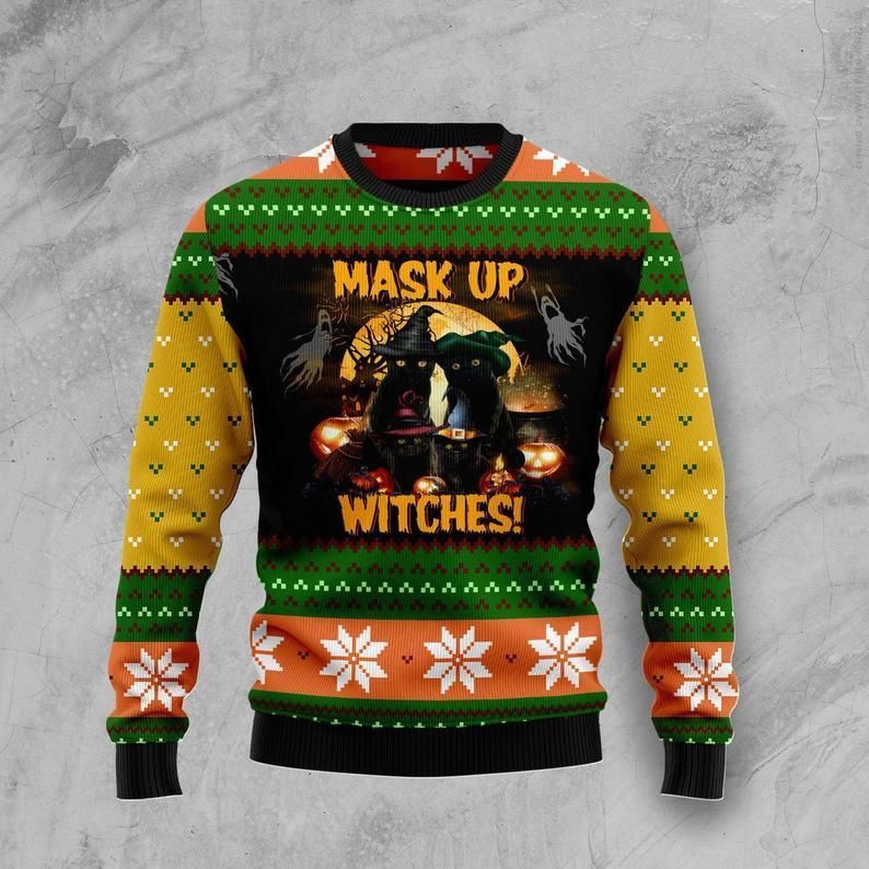 Waybackapparel Halloween Black Cat Mask Up Witches Ugly Christmas 3D All Over Print