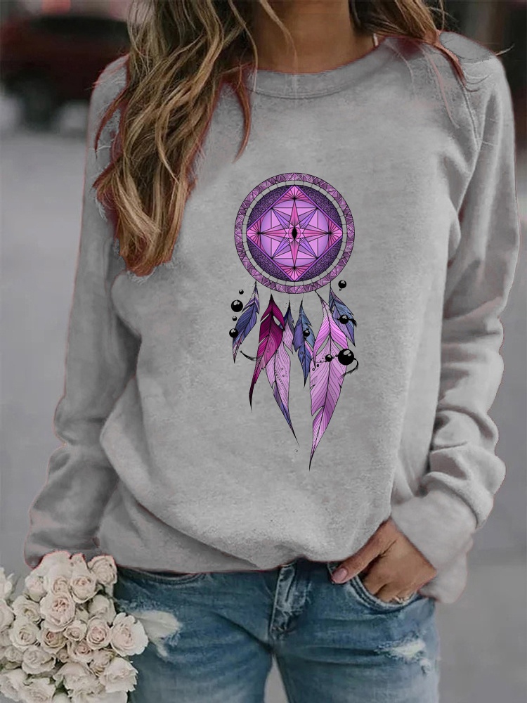 Winter Casual Women Fashion Dreamcatcher Printed Round Neck Long Sleeved Sweatshirt Loose Ladies Graphic Plus Size alx