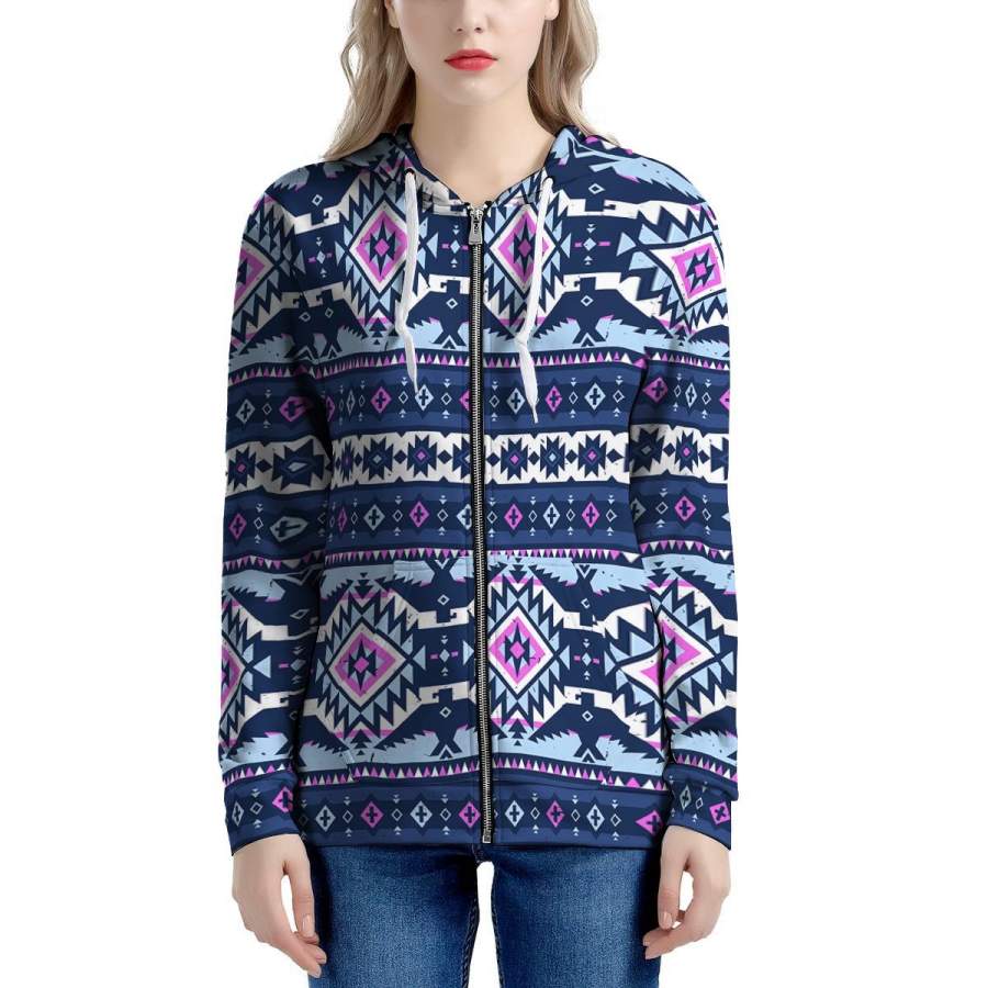 Blue Tribal Aztec Eagles Women’s Zip Up Hoodie