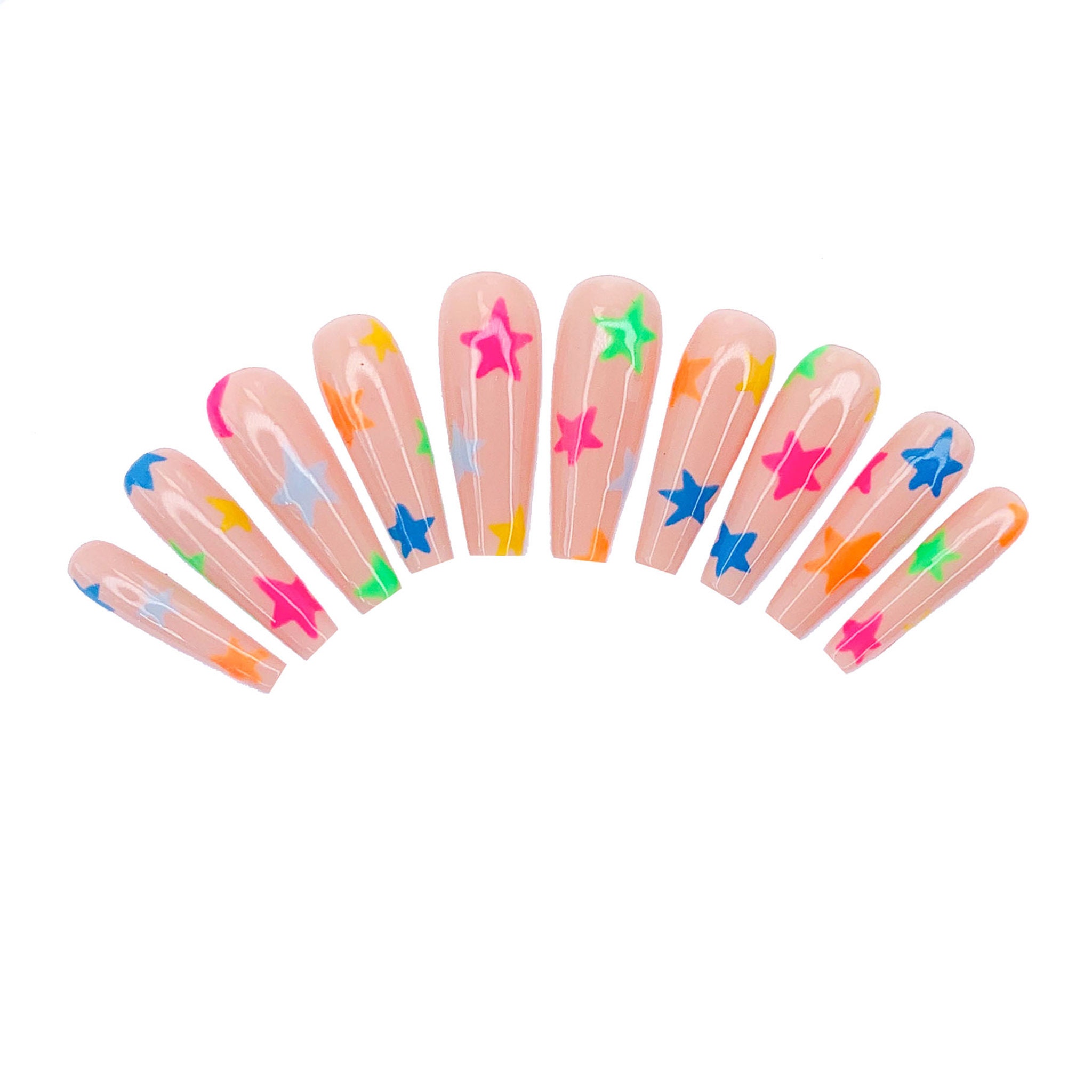 Neon Star Nude Press on Nails | Hand Painted | Custom Made Nails | Fake nails | False nails | Glue on nails | DIY Nails | HotpressNailco
