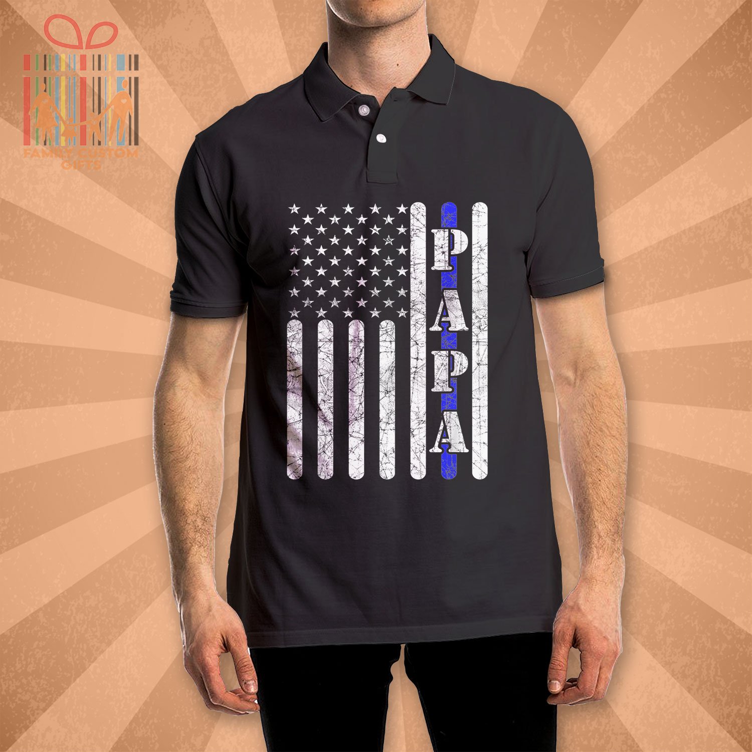 Thin Blue Line Papa Vintage Police American Flag Fathers Day Polo Shirts For Men Gift For Dad A Tiny Gift Shop