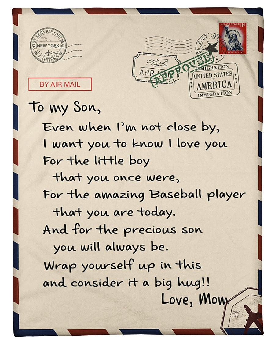 To My Son Fleece Blanket, By Air Mail Baseball Letter Gift For Son From Mom Birthday Gift Home Decor Bedding Couch Sofa Soft And Comfy Cozy