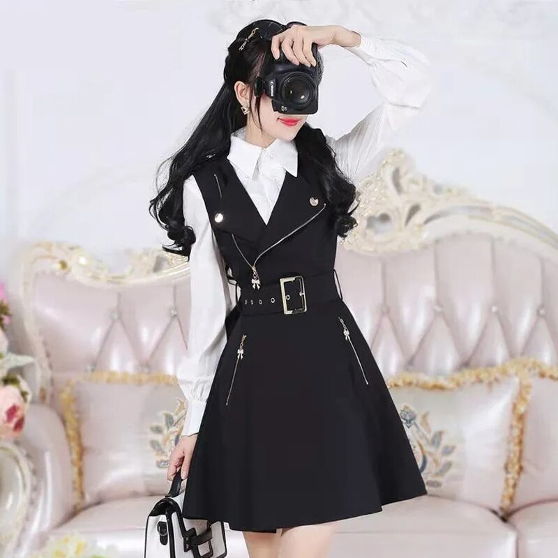 Autumn Design Dress Women V Neck Belt Casual Lady Dress Sleeveless Korean Fashion Black Dress Office Style Clothes New alx