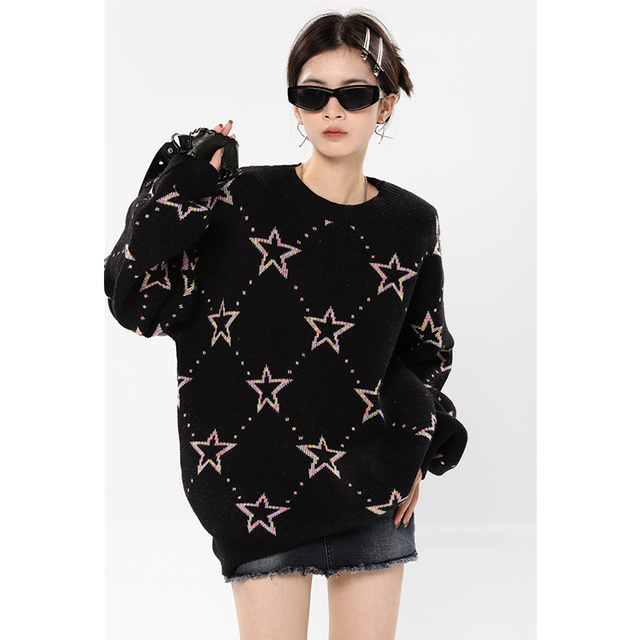 Women Black Sweater Round Neck Star Pattern Contrasting Colors Fashion Lazy Wind Winter New Long Sleeves Knitting Pullover Tops alx