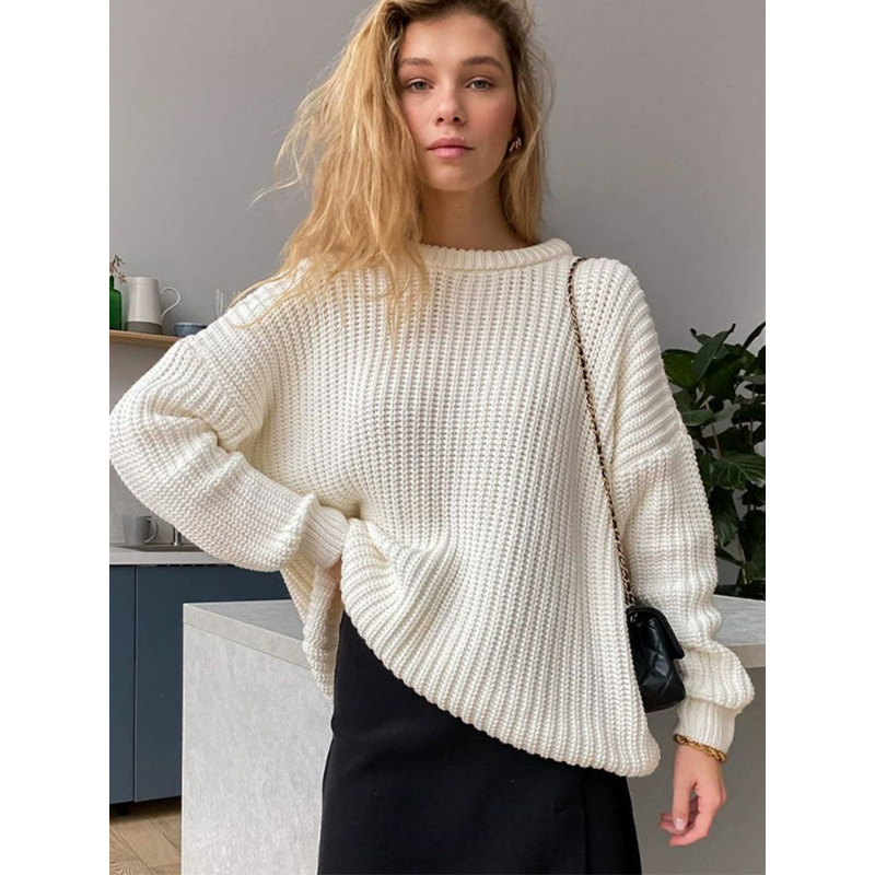 Winter Thickened Round Neck Sweater Women Solid Color Loose Bottomed Long Sleeved Sweater Casual Pullover Top Female alx