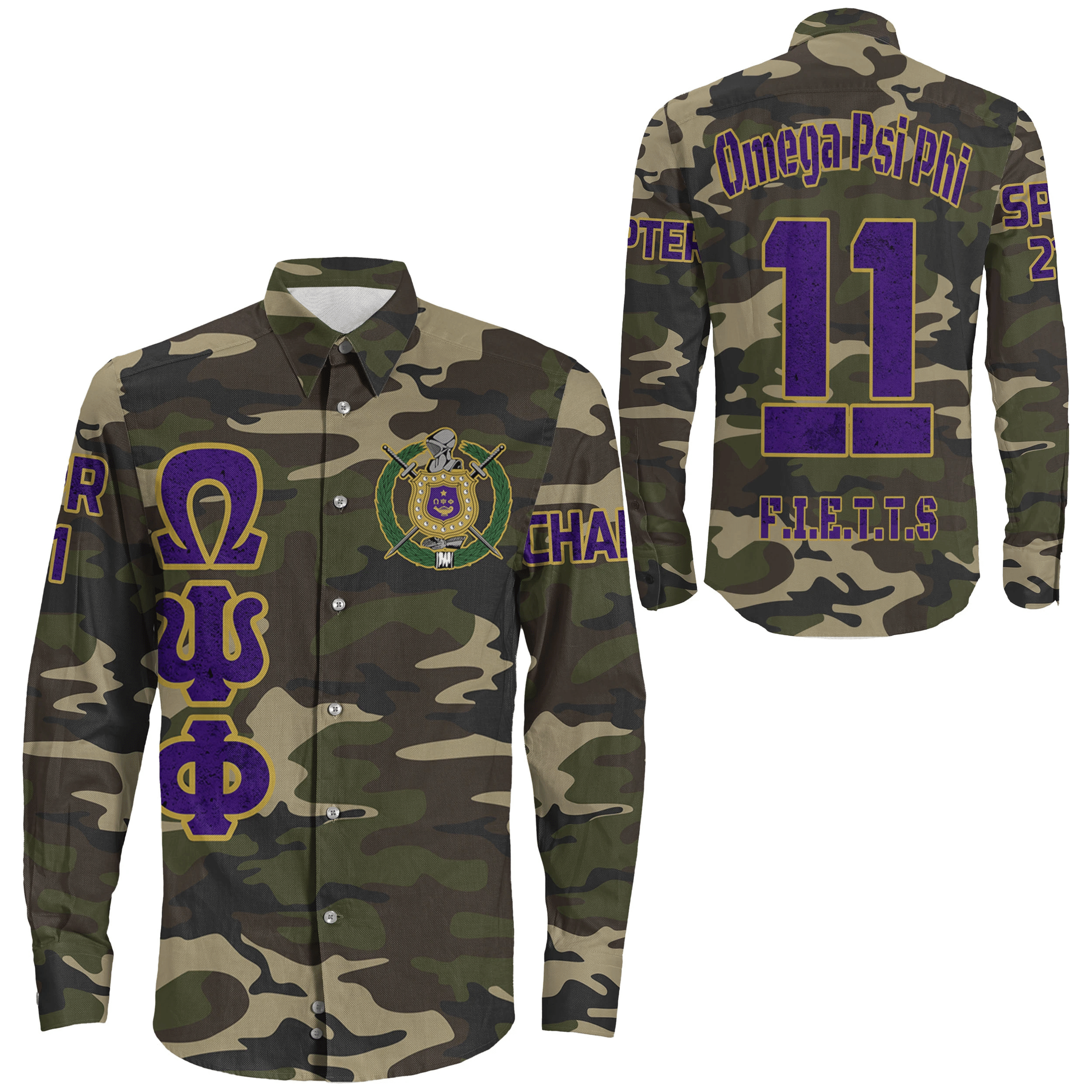 (Custom) Greek Life Shirt – Omega Psi Phi Camouflage Long Sleeve Button Shirt