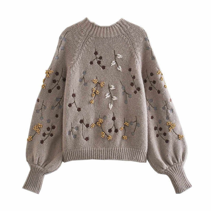 Sweater Women’s Autumn and Winter Three-dimensional Bead Embroidery Lantern Sleeve Short Straight High-quality Texture Pullover alx