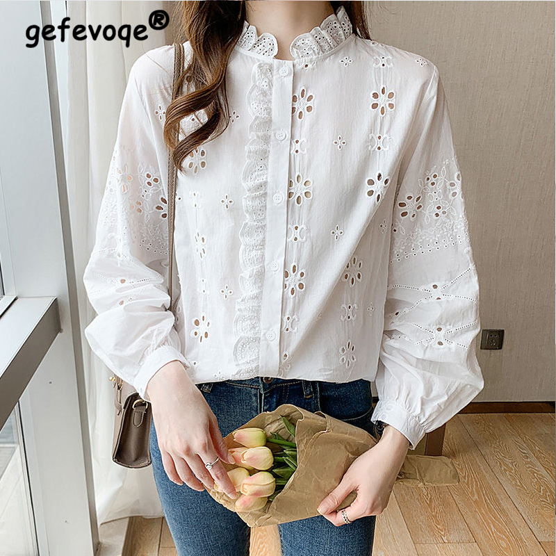 2022 Elegant Fashion Solid Color Pure Cotton Hollow Out Women’s Shirt Loose Casual 100% Cotton Korean Style Chic Female Blouse alx