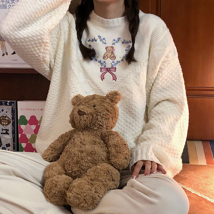 Women Cute Sweater Trendy Sweet Bear Heart Embroidery Pullover 2022 Winter Vintage Korean Ins Knitwear Knitted Loose Top Jumper alx