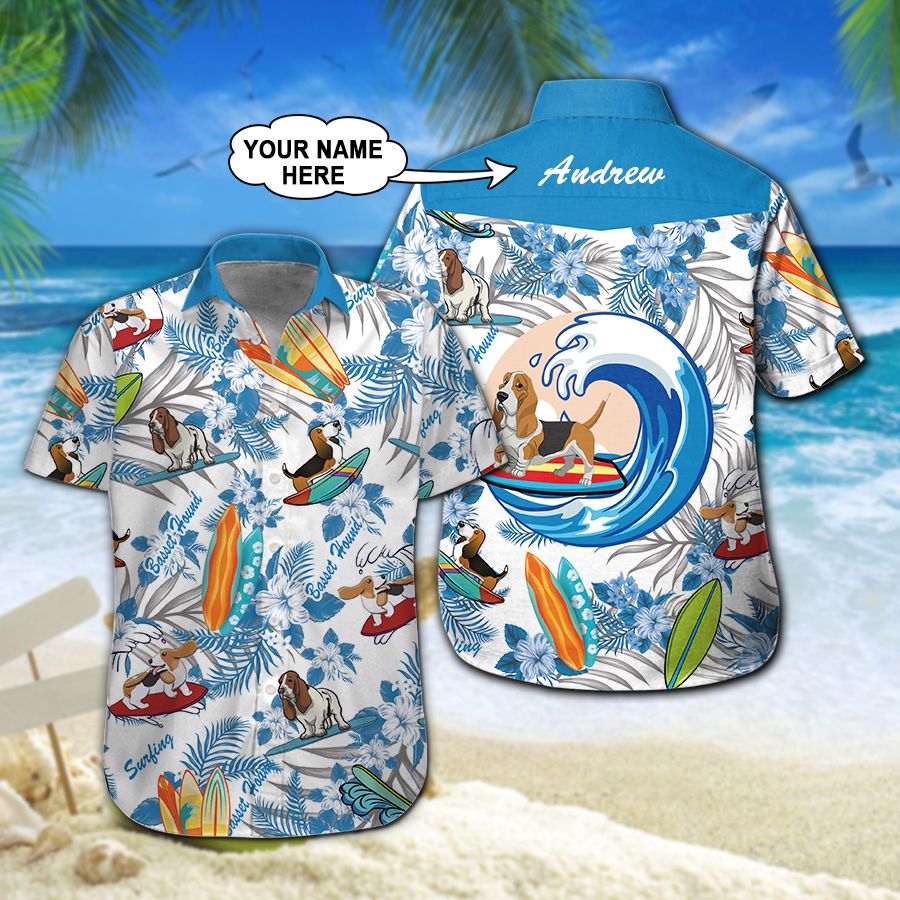 Basset Hound Surfing Custom Name Hawaiian Shirt 210 ND4554