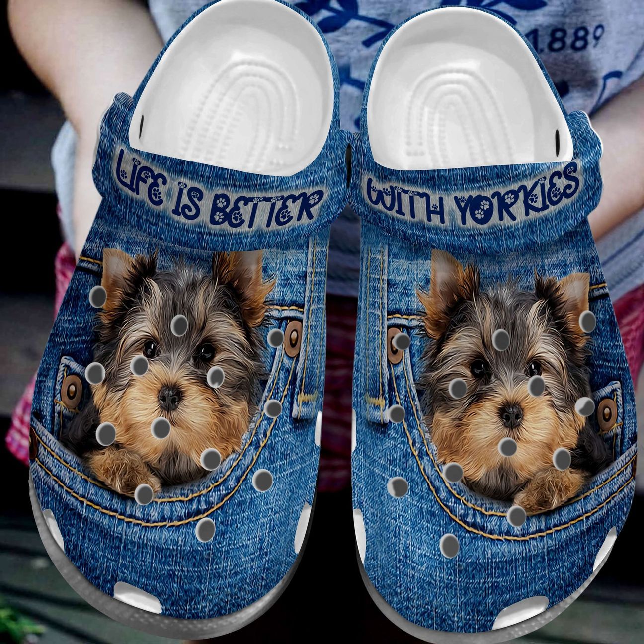 Yorkshire Personalize Clog, Custom Name, Text, Fashion Style For Women, Men, Kid, Print 3D Yorkie In Jeans