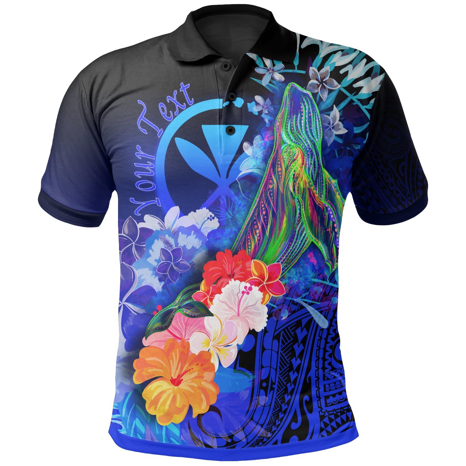 Polynesian Hawaii Personalised Polo Shirts – Kanaka Maoli  Humpback Whale with Tropical Flowers (Blue)- BN18