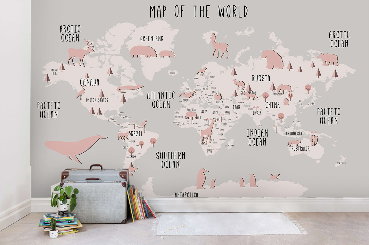 3D Cartoon Animal World Map Wall Mural Wallpaper Lqh 92