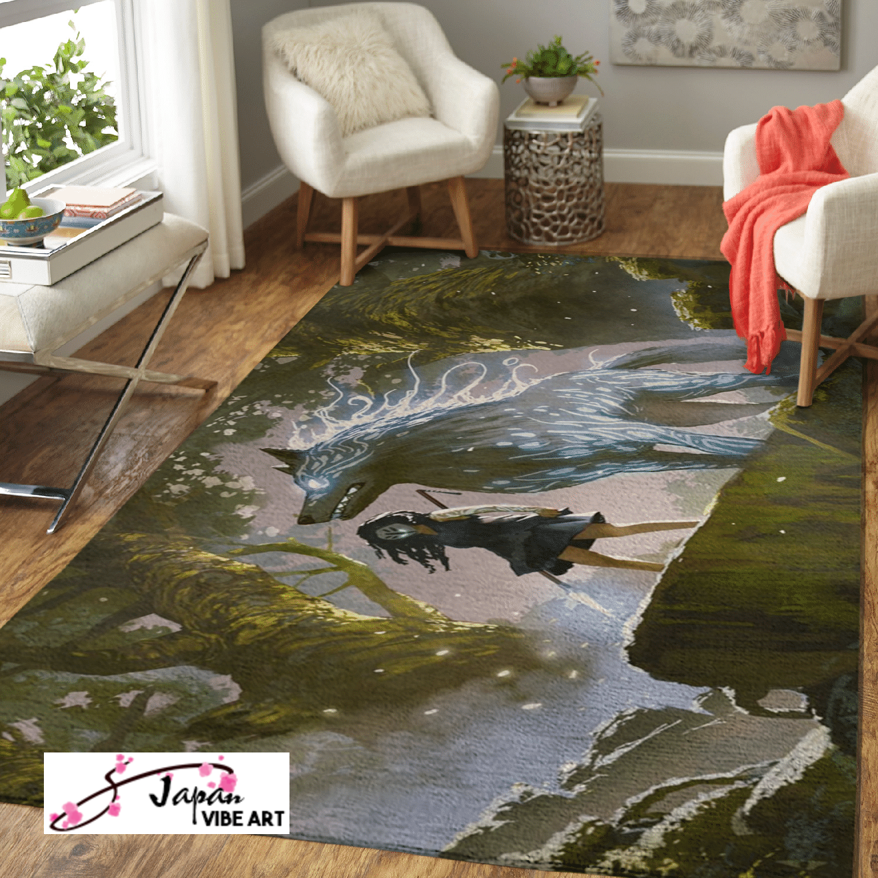 Area Rug 1020 Japanese Anime wild girl with her wolf standing in the forest