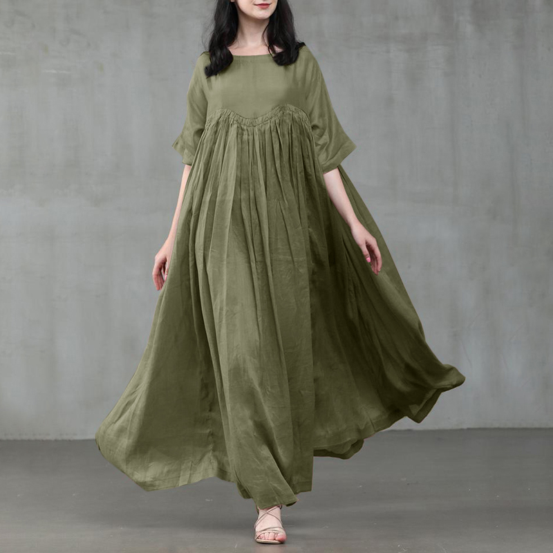 Solid O Neck Half Sleeve Party Vestidos ZANZEA Women Vintage Pleated Long Dress Elegant Summer Sundress Casual Kaftan S- alx