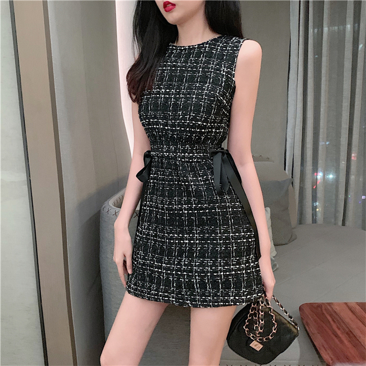 Vestidos 2022 Summer Tweed Dress Women Sleeveless Lace-up Bow O-Neck Plaid Classic Elegant Casual Empire Short Mini Dress Female alx