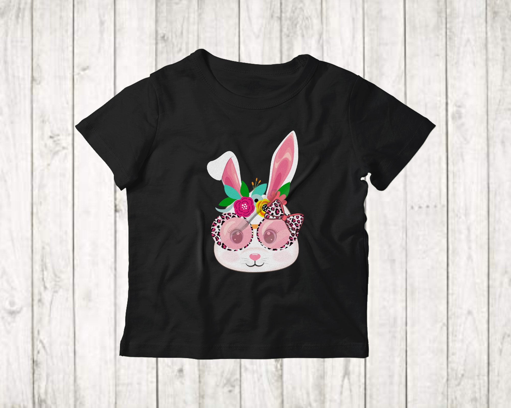 Bunny Face Wearing Leopard Flowers Cute Easter Day Kids Girl Flower Bunny Lover Gifts T-Shirt