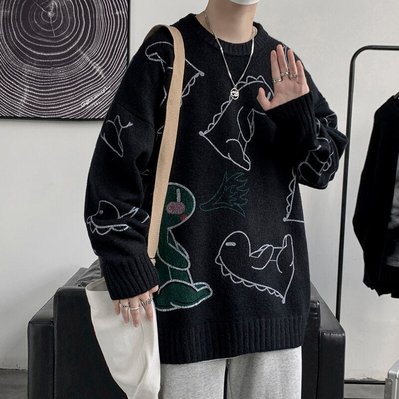 Autumn Sweater Men Knitted Jumpers Anime Dinosaur Sweatercoat Fashion Causal Streetwear Top Knitwear Pullovers Clothing Male