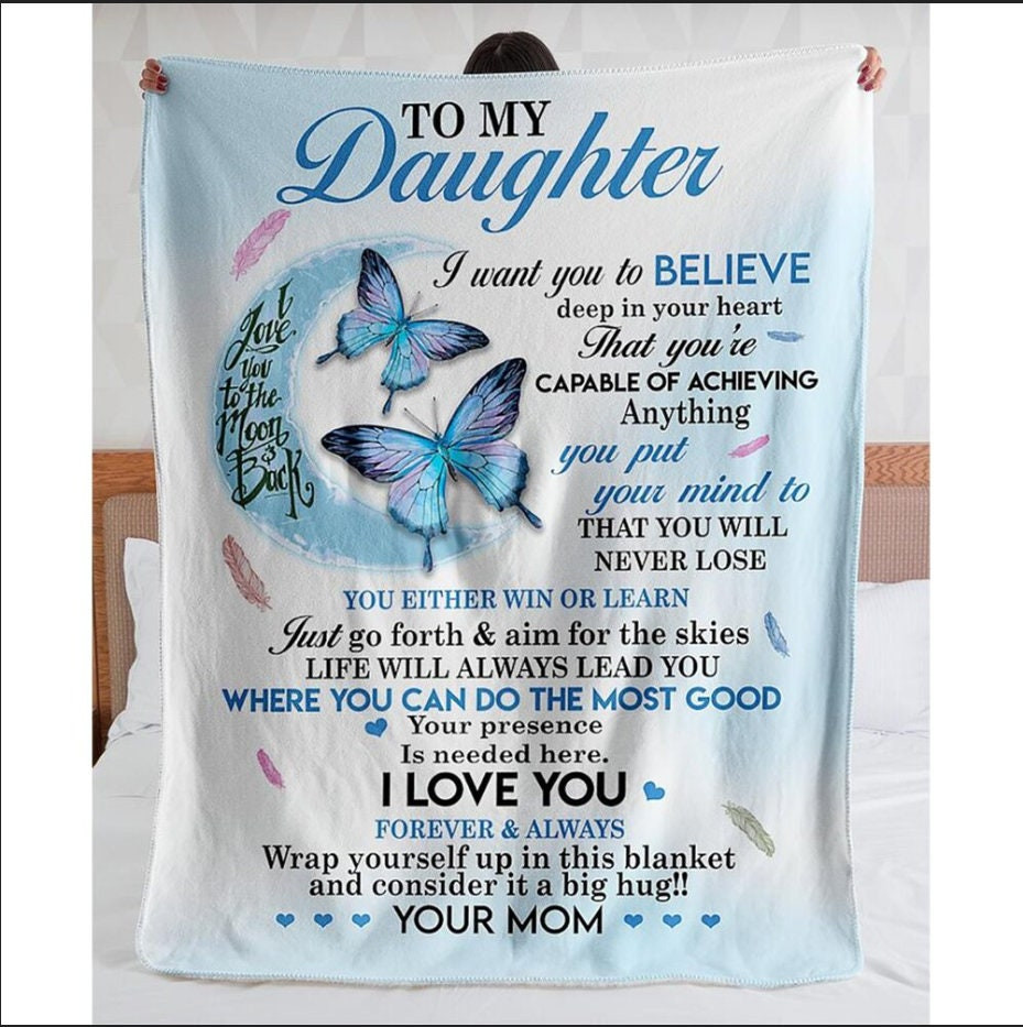 Mom To Daughter Butterfly Blanket – I Love You To The Moon And Back Christmas Blanket Custom Christmas Gift Custom Blanket Butterfly