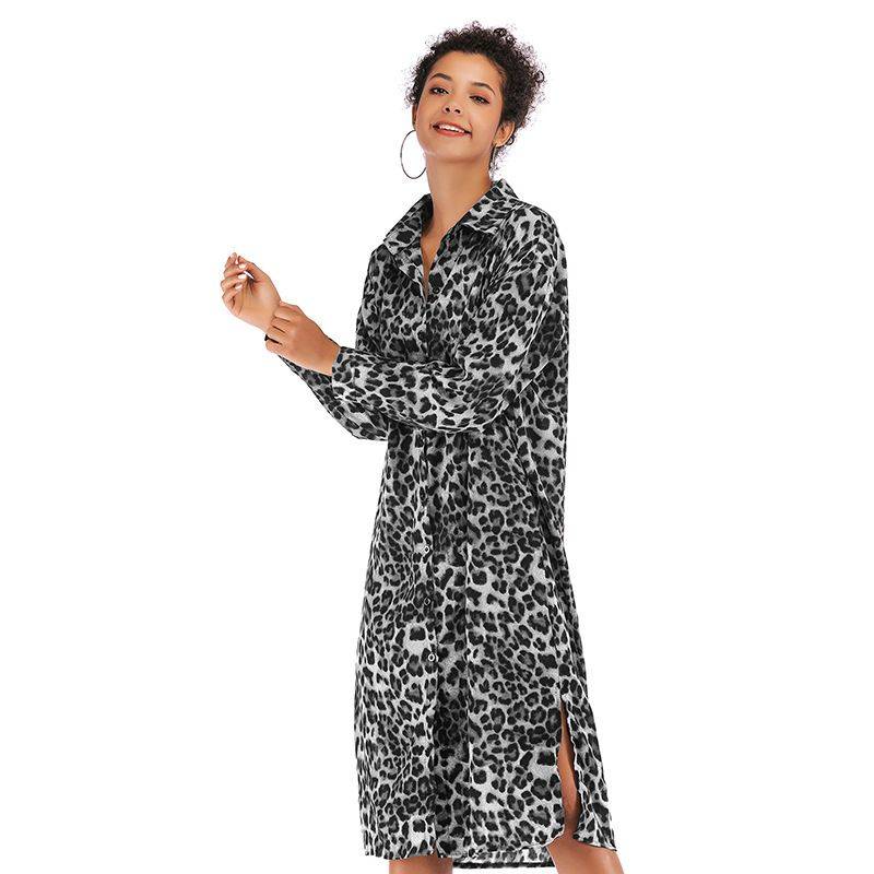 Vintage robe Lapel sexy leopard long slim slit shirt Dresses