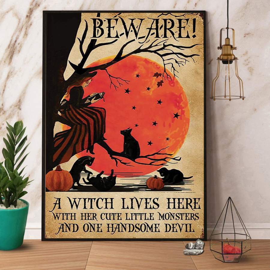 Black cat a witch lives here Halloween paper poster no frame/ wrapped canvas wall decor full size