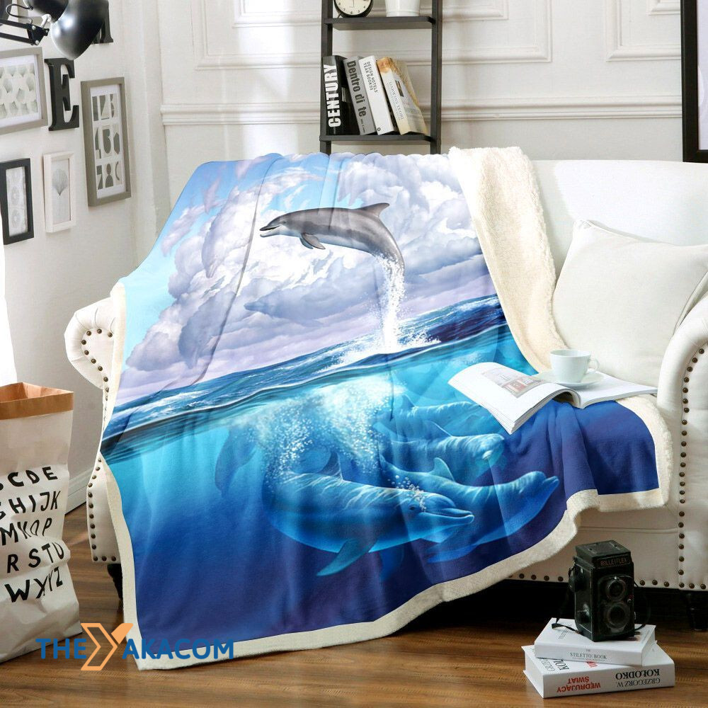 3D Dolphin Jumping On The Sea Fleece Sherpa Throw Blanket