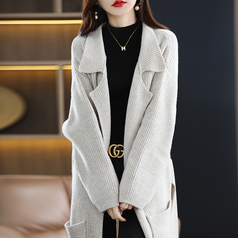 Autumn And Winter Super Long Cashmere Coat Women’s Suit Collar Over-The-Knee Knitted Sweater Cardigan Pure Wool Temperament Coat alx