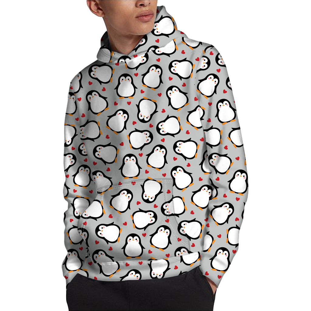 Red Heart And Penguin Pattern Print Pullover Hoodie