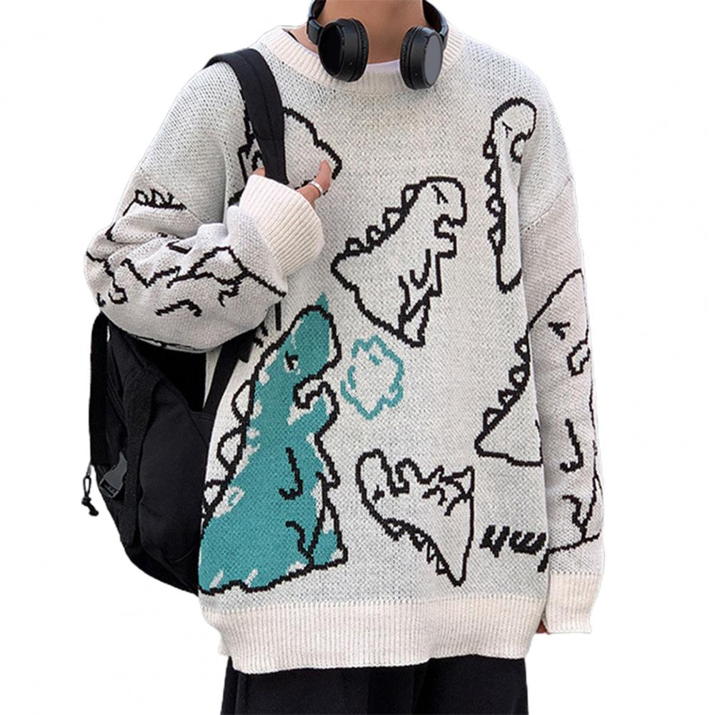 Cute Autumn Sweater Anti-shrink Soft Streetwear Cartoon Dinosaur Print Autumn Sweater alx