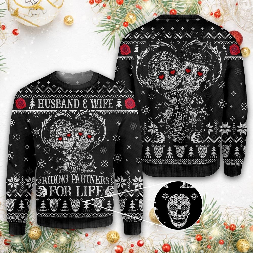 Skull Husband & Wife Riding Partners For Life Christmas Ugly Sweater