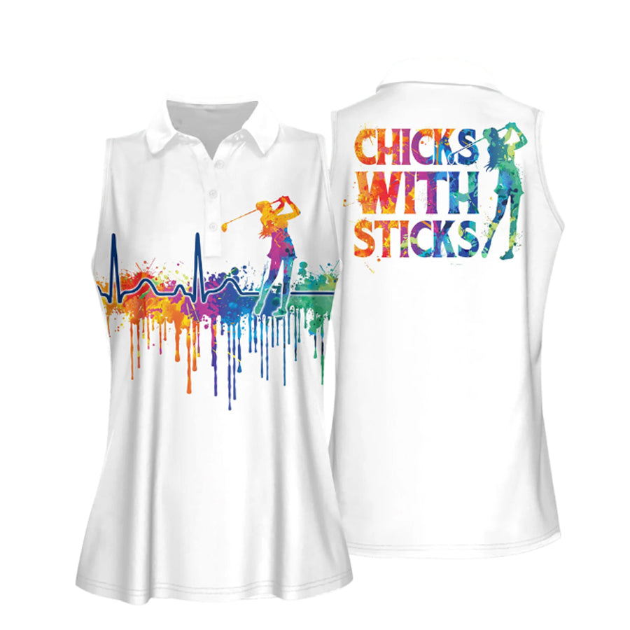 Watercolor Golf Heart Beat Chicks With Sticks Women Sleeveless Polo Shirt, Golf Shirt, Gift For Golf Player