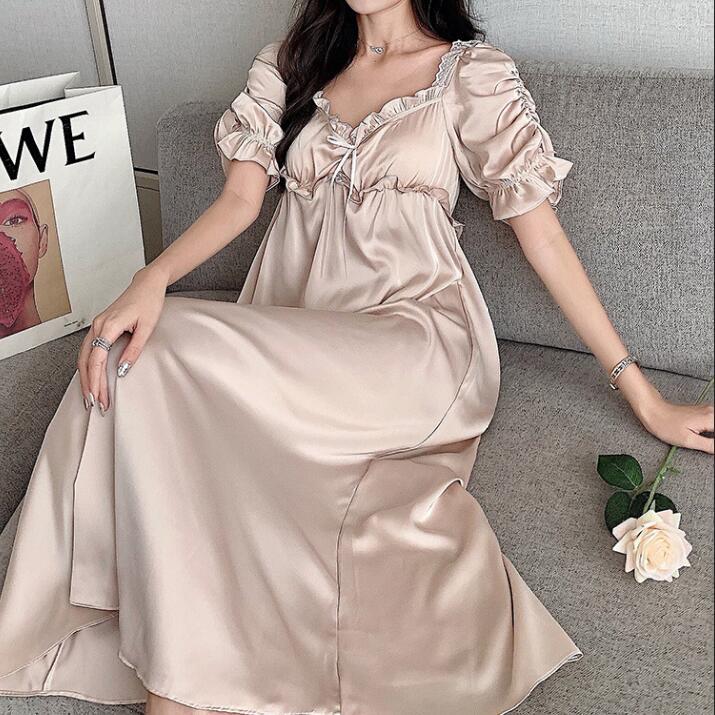 2021 New Sleep Dress Sexy Women Sleepwear Satin Nightgown Lingerie Loose Nightdress Long Home Dressing Gown Champagne Homewear alx