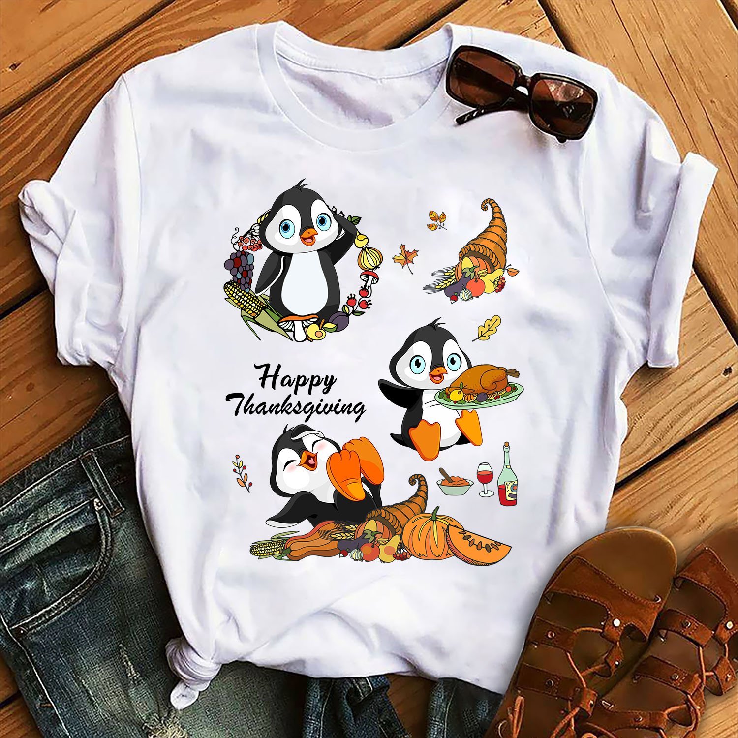 Penguin Happy Thanksgiving Fall Autumn Unisex T-Shirt Hoodie Sweatshirt Plus Size S-5Xl