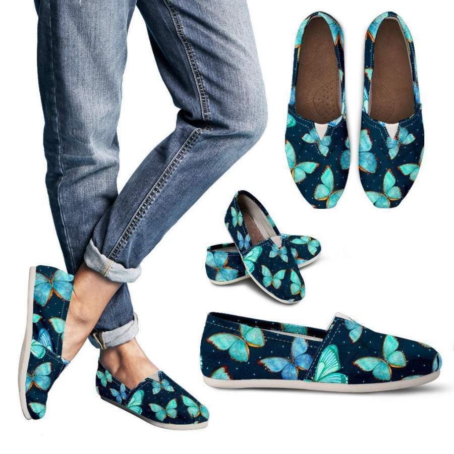 Watercolor Blue Butterfly Pattern Print Women’s Casual Shoes