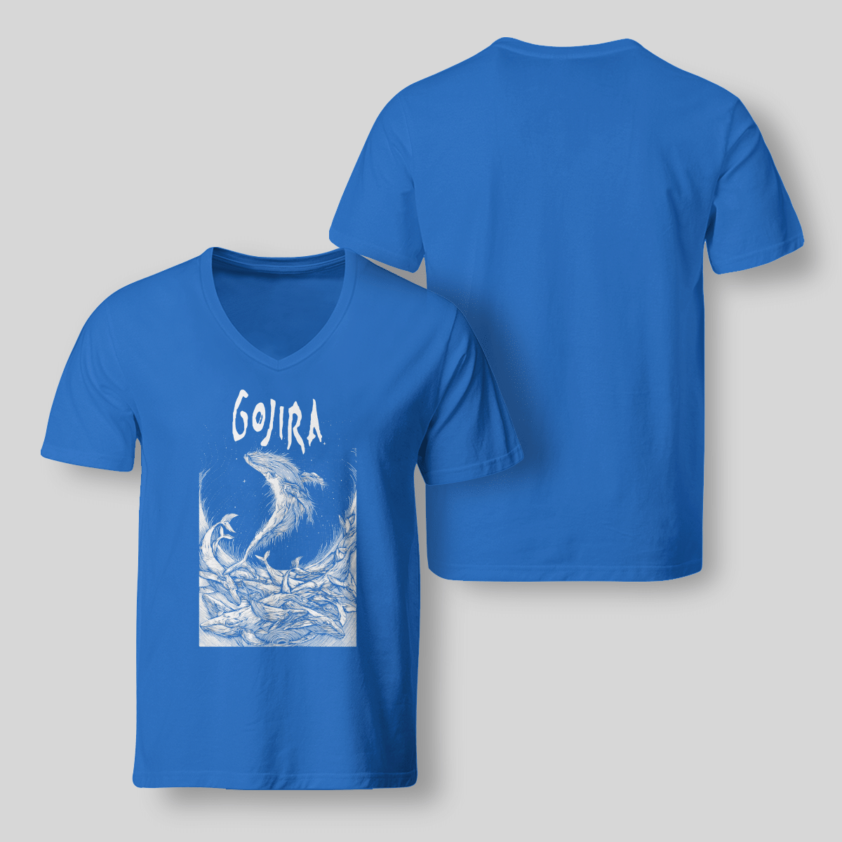 Gojira Merch Wood Block Whales V-Neck T-Shirt