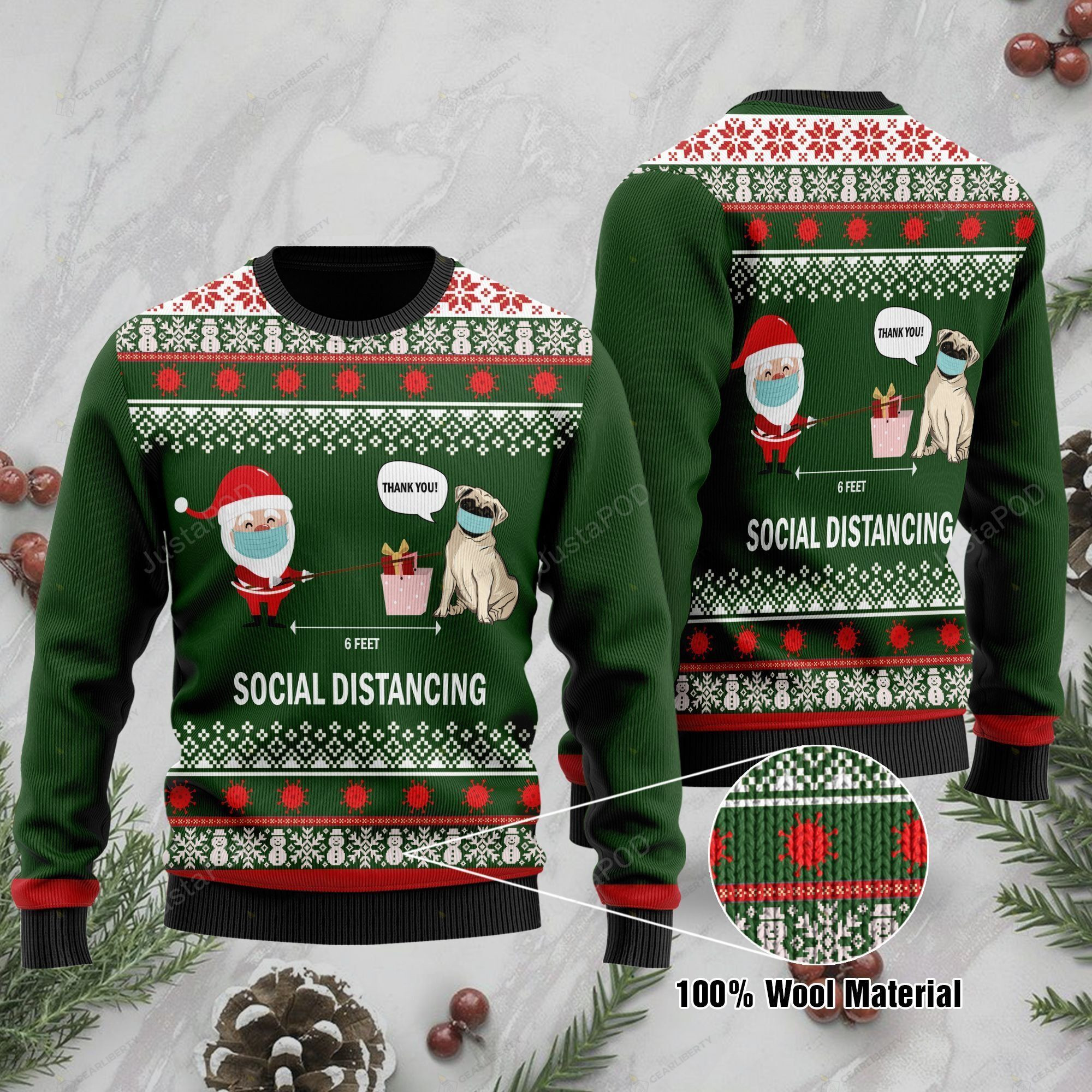 6 Feet Social Distancing Pug And Santa Claus Ugly Christmas Sweater, All Over Print Sweatshirt