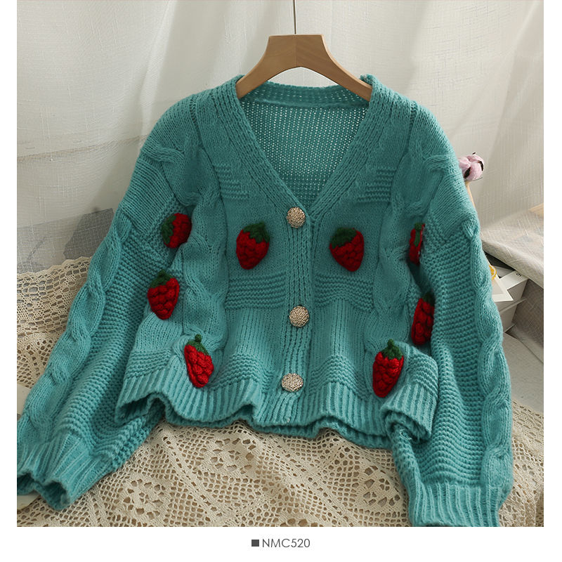 Sweet Strawberry Cardigans Loose Single Breasted Knitwear Women’s Korean Fashion Puff Sleeve Short Cardigan Sweater Jackets alx