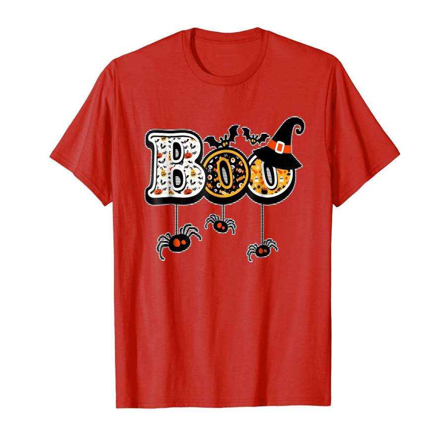 Boo Halloween T-Shirt With Candy Spiders Bats & Witch Hat