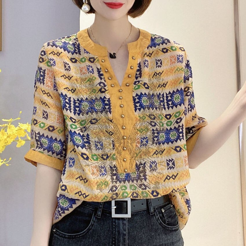 Summer Elegant Fashion Pullovers for Women Mangas Cortas Chiffon Casual Embroidered Flares Rivet Korean Top T-Shirt Blusas Mujer alx