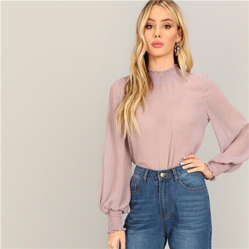 Vintage Purple Silver Thread Bishop Long Sleeve Mock-neck Blouse Women Summer Elegant Workwear Solid Tops and Blouses