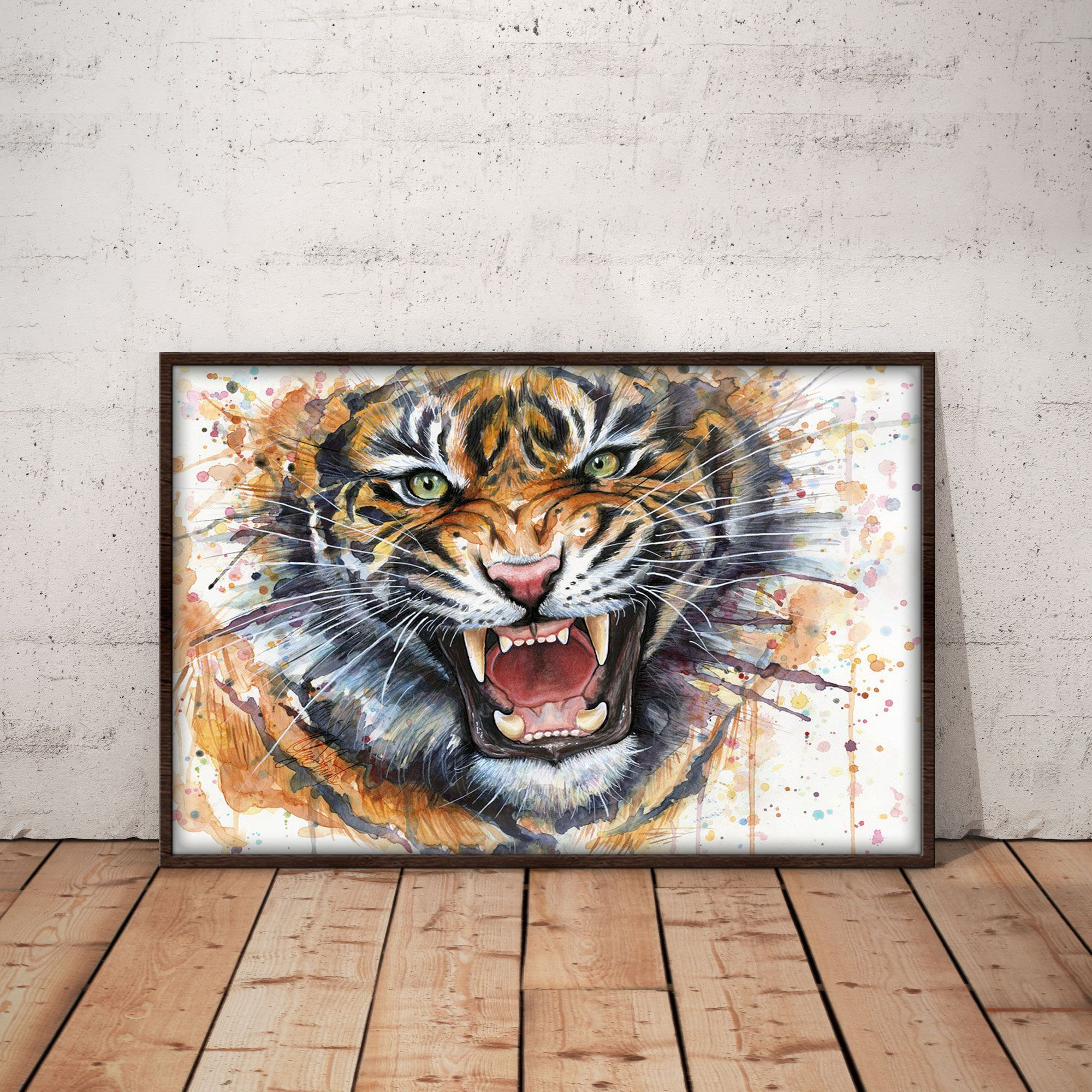 B1506 G814 Watercolor Painting Roaring Tiger Poster & Canvas