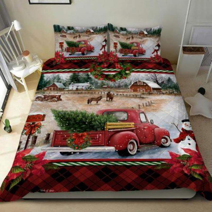 Red Truck Christmas Quilt Bedding Set