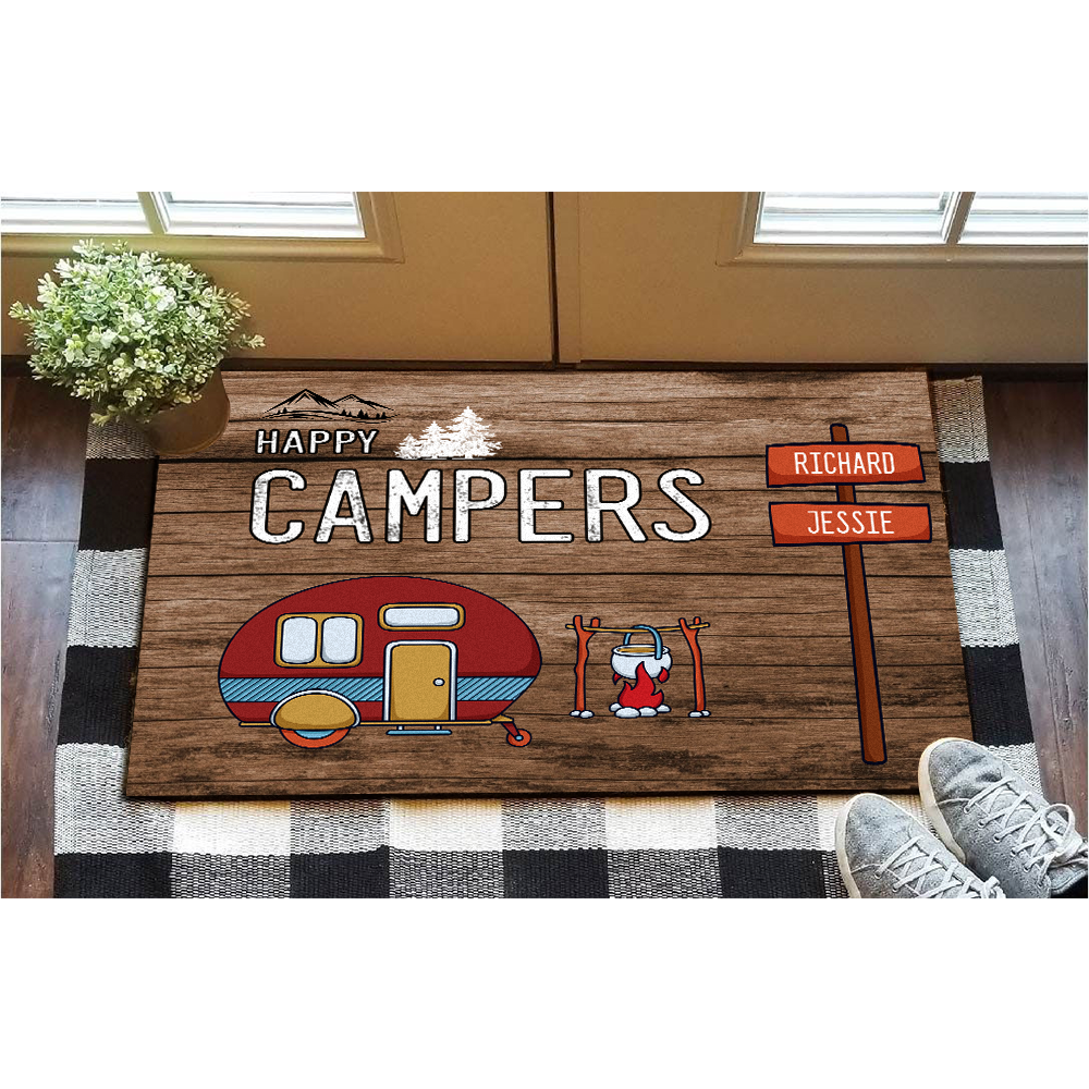 Happy Campers Doormat, Camping Mat, Camper Family Name Rug, Camping Decor, Custom Funny Doormat