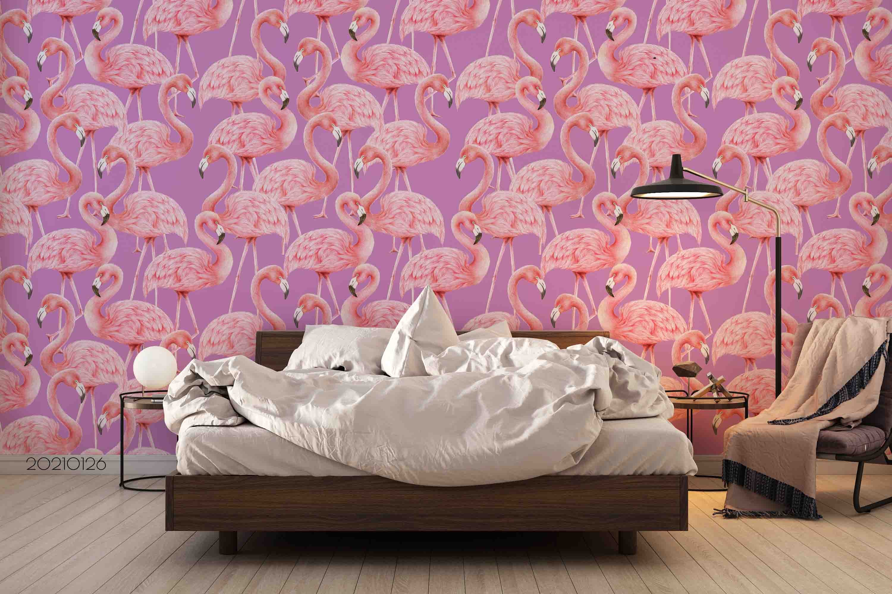 3D Hand Drawn Animal Pink Flamingo Wall Mural Wallpaper Lqh 62