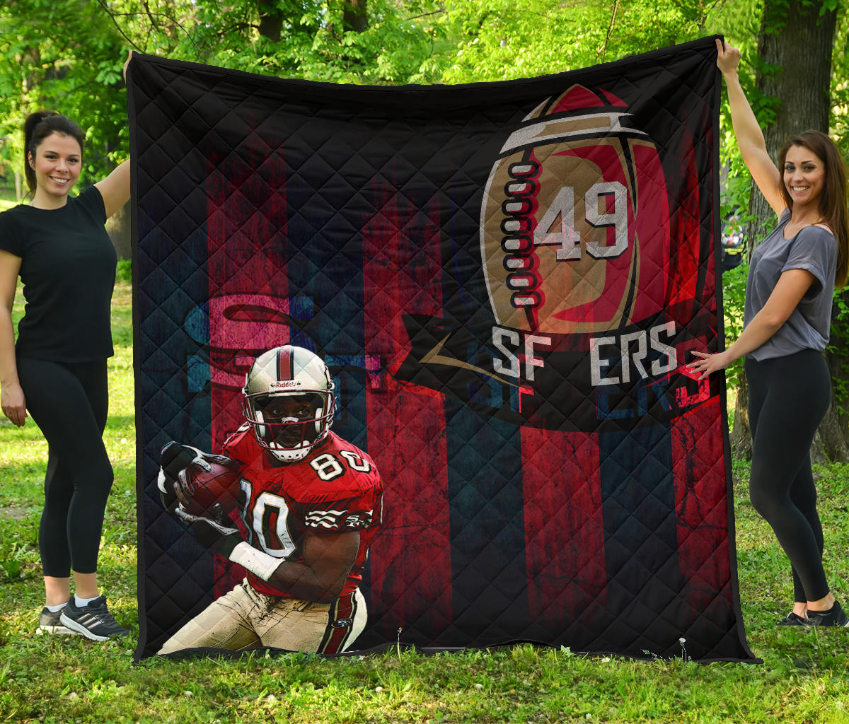 San Francisco American Football 49Ers Football Player 80 Holding Ball Black And Red Sf Ers Premium Quilt Blanket