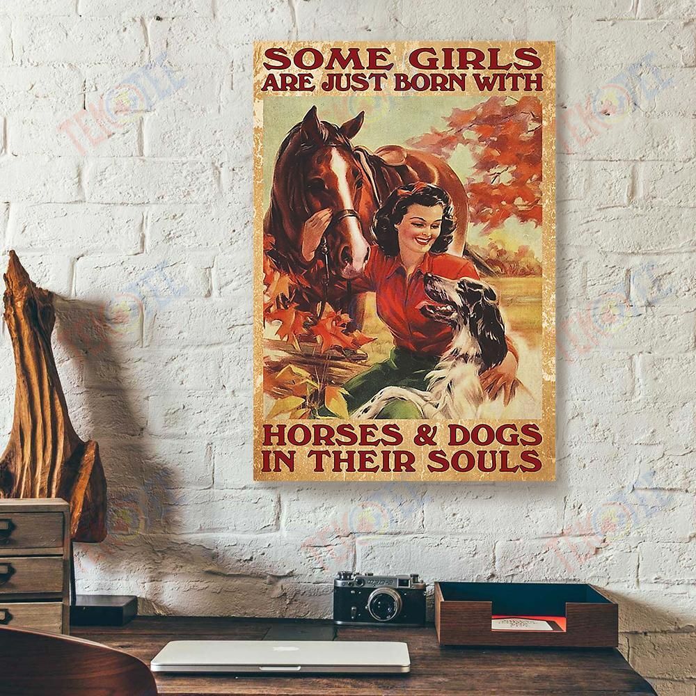 Canvas Wall Art Some Girls Are Just Born With Horse And Dogs Vertical Canvas Wall Art Elegant Living Room Bedroom Bathroom Home Decoration