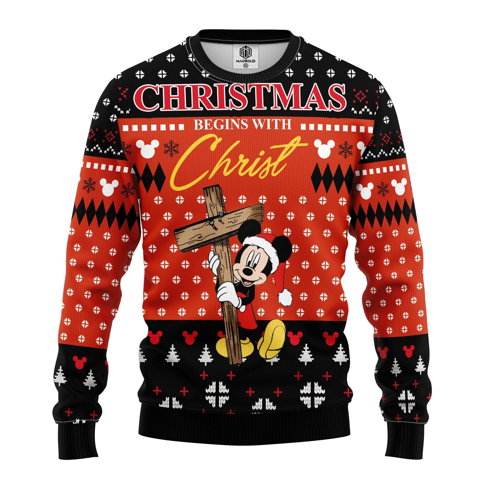 Unifinz Dn Christmas Sweater Christmas Begins With Christ Mk Mouse Black Red Ugly Sweater 2022