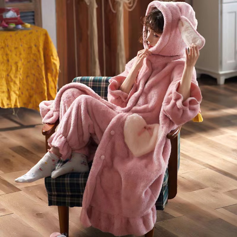 2PCS Warm Winter Women Flannel Robes Suits Sleepwear Nightgowns Thick Coral Fleece Sweet Cute Hooded Plus Size Pijamas Mujer alx