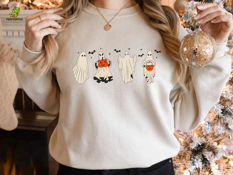 Cute Ghost Pumpkin Halloween Embroidered Sweatshirt 2D Crewneck Sweatshirt All Over Print Sweatshirt For Women Sweatshirt For Men Sws4922